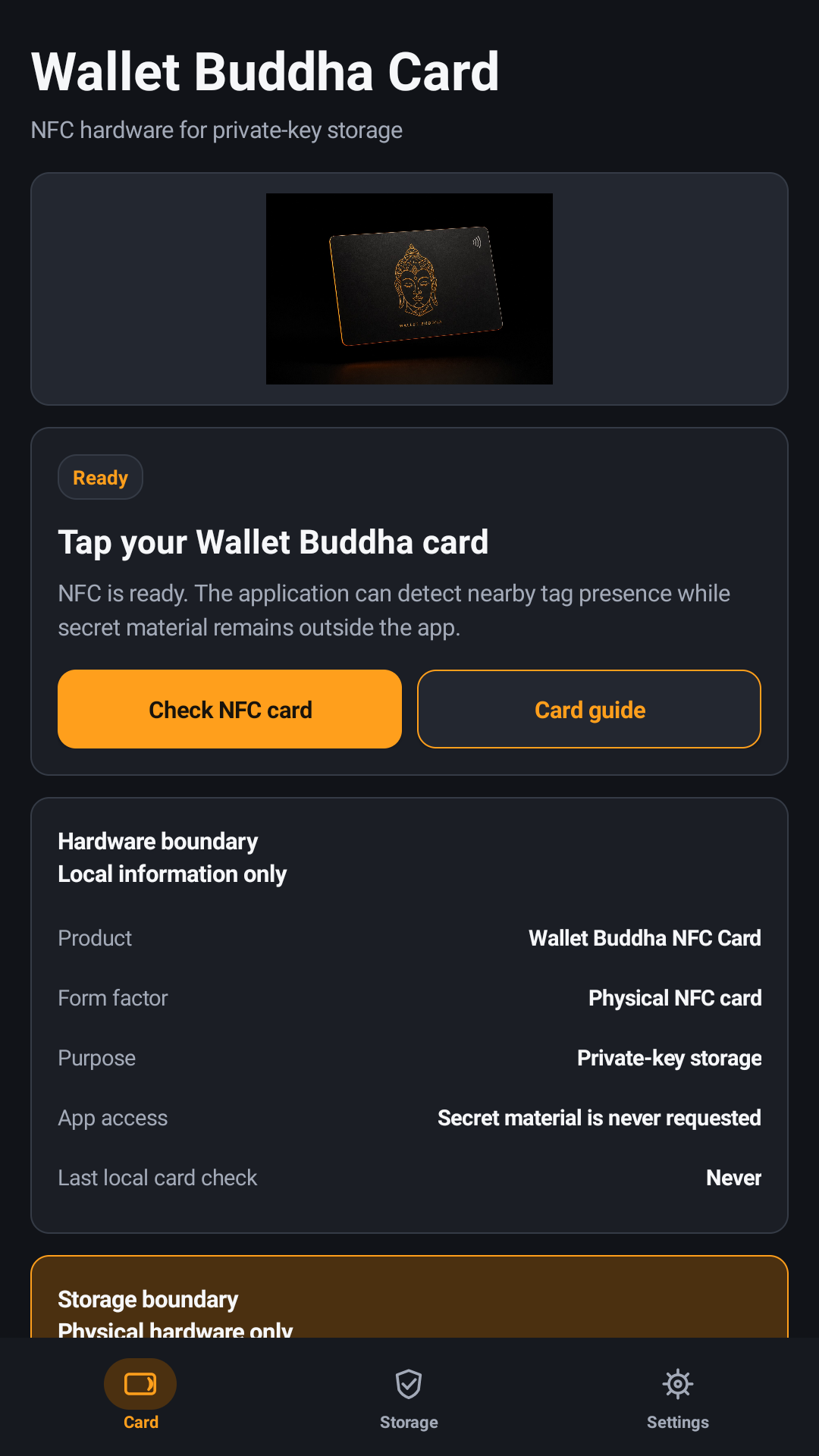 NFC card screen in the Wallet Buddha Android app